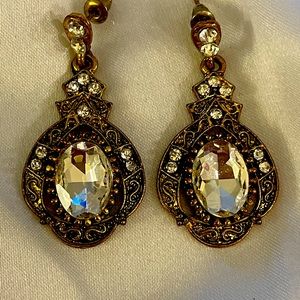 Vintage Simulated Diamond Gold Dangling Earrings, NWOT